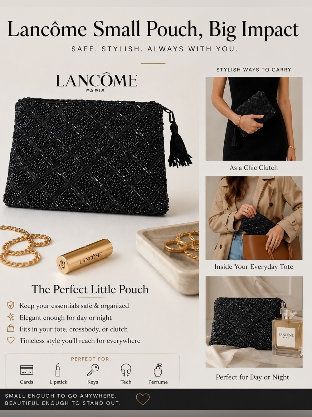 Vintage Lancôme Black Beaded Pouch Tassel Zip Pouch Art Deco Glam